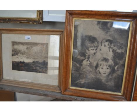 An Antique engraving, landscapes with figures, pine framed and a maple framed print.