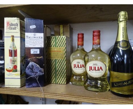 Talisker single malt Scotch Whisky, Courvoisier and 2 bottles of Grappa, and other liqueurs, (6).