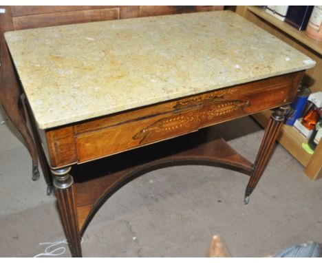 An Edwardian rosewood and marquetry inlaid dressing table with coloured marble top, 2 frieze drawers, turned and reeded legs 