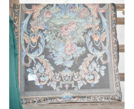 A blue ground tapestry, 126 x 94cm.