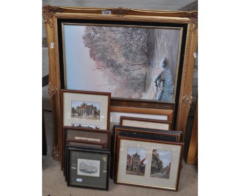 Oil on canvas, Winter Wonderland, framed, various other prints and pictures.