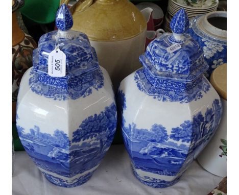 Pair of Spode Italian pattern hexagonal large jars and covers.