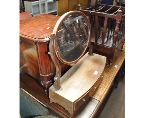 A 19th century mahogany box swing toilet mirror with 3 drawers, Canterbury, 2 walnut candle stands, commode, hanging shelf, e