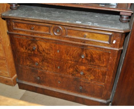 A 19th century French marble top commode, with 4 long drawers, width 110cm.