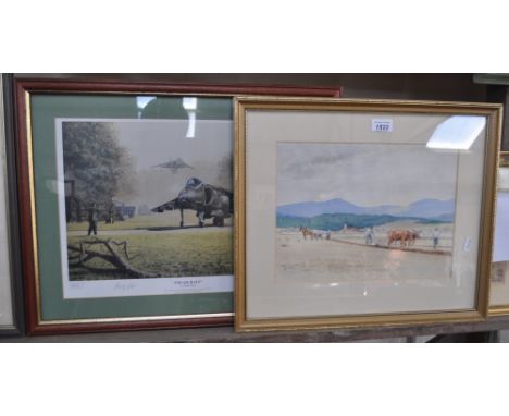 Lovett, watercolour, ploughing the field, dated '48 and framed print, Field Craft by Philip West.