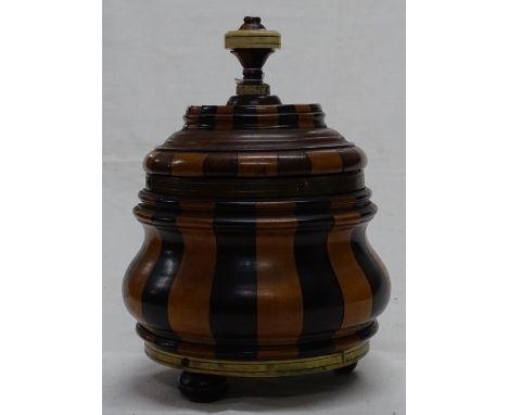 A 19th century brass bound 2 colour rosewood and satinwood tobacco box with ivory handle, height 7.5".