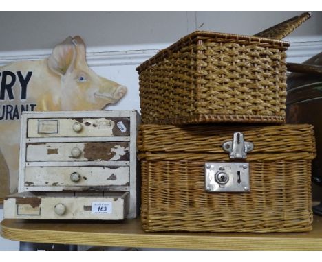 Painted table top chest of 4-drawers, small wicker hamper and a sewing box.