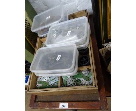 A pine box with Vintage Meccano and other boxes of Meccano.