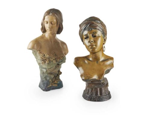 patinated terracotta, signed E. VILLANIS, 53cm high; together with an ART NOUVEAU GOLDSCHEIDER BUST OF A GIRL, patinated terr