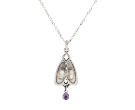 silver, set with mother-of-pearl roundels, amethyst drop, with chain spacers, stamped W.H.H., hallmarked Birmingham 1905penda