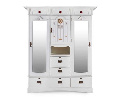 painted wood, specimen wood and mother of pearl marquetry, enamel, comprising a WARDROBE, 174cm wide, 209cm high, 59cm deep; 