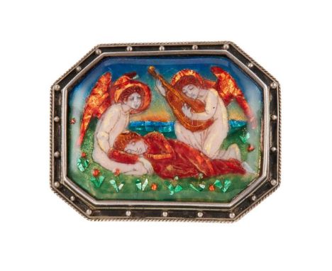 enamel with foil in copper, within white metal mount5cm acrossFootnote: Literature: Cumming, E. Phoebe Anna Traquair 1852-193