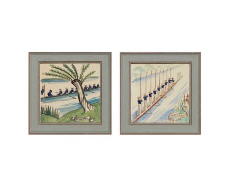 painted and glazed earthenware, depicting the Eton/ Harrow boat race, inscribed ALEXANDRA and MONARCH, later framedeach tile 