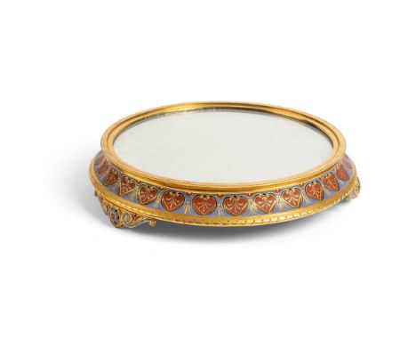 gilt metal with champleve enamel, inset with mirrored glass upper surface, stained wood to the underside, stamped ELKINGTON, 