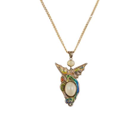 white metal, and enamel, set with two opaline stones, with later chain, pendant 6.5cm long; together with a SMALL BROOCH, pro