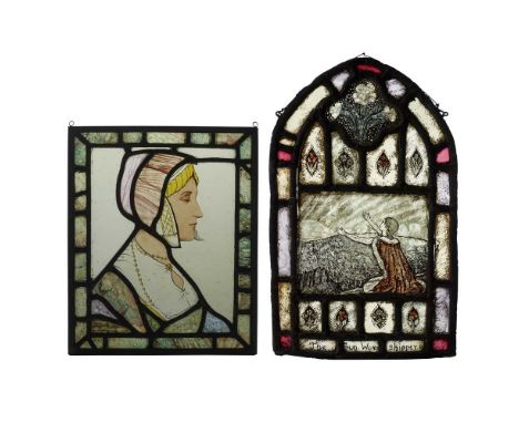 stained, leaded and painted glass, depicting a portrait of Elizabeth Dauncey after Hans Holbein, 32.5cm x 26.5cm; together wi