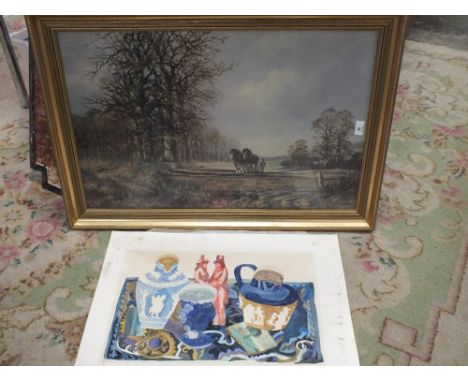 AN UNFRAMED WATERCOLOUR ON PAPER DEPICTING A STILL LIFE SCENE TOGETHER WITH A GILT FRAMED PRINT DEPICTING A PLOUGHING SCENE
