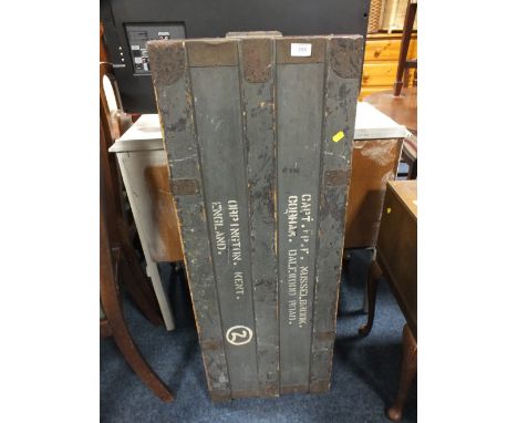 A LARGE VINTAGE MILITARY TRUNK FOR CAPT. P. F. MUSSELBROOK -  MARSHALS IMPROVED AIR AND WATERTIGHT WOODEN CHEST - COMPLETE WI