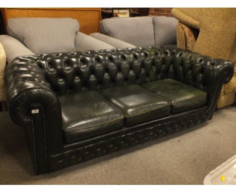  BUTTON BACK THREE SEATER GREEN CHESTERFIELD SOFA