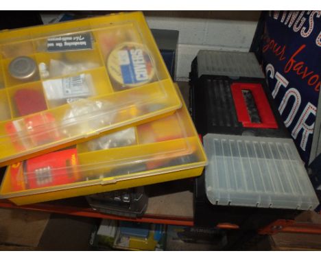 A TOOLBOX PLUS CONTENTS TOGETHER WITH TWO OTHER STORAGE BOXES