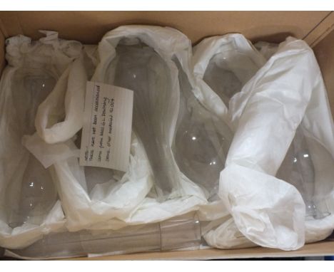 FOUR BOXES CONTAINING REPLACEMENT GLASS OIL LAMP CHIMNEYS TOGETHER WITH A BED PAN 