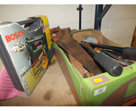 A CASED BOSCH POWER DRILL TOGETHER WITH A TRAY OF TOOLS ETC