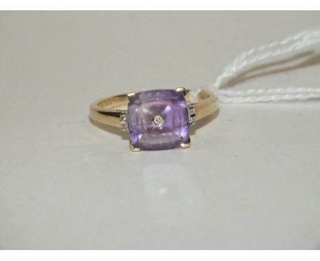 A HALLMARKED 9K GOLD AMETHYST AND DIAMOND RING, the amethyst measuring approx 10 mm x 10 mm ring size R 1/2