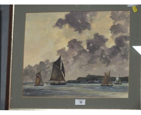 A FRAMED AND GLAZED WATERCOLOUR DEPICTING A COASTAL SCENE WITH YACHTS SIGNED R. COOK