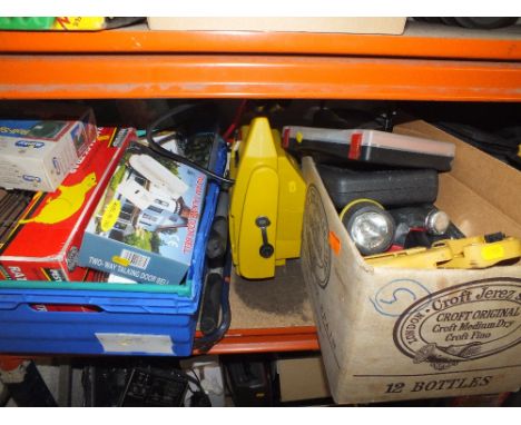 TWO BOXES OF TOOLS AND ELECTRICALS TO INCLUDE A JUMP START, CASED DRILL BITS ETC