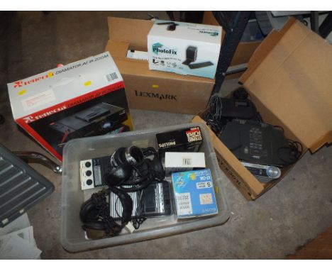 A QUANTITY OF ELECTRICALS TO INCLUDE A REFLECTA PROJECTOR, LEXMARK PRINTER, RADIOS ETC 