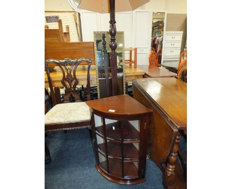 A MAHOGANY STANDARD LAMP, SMALL CORNER CABINET AND A GILT MIRROR (3)