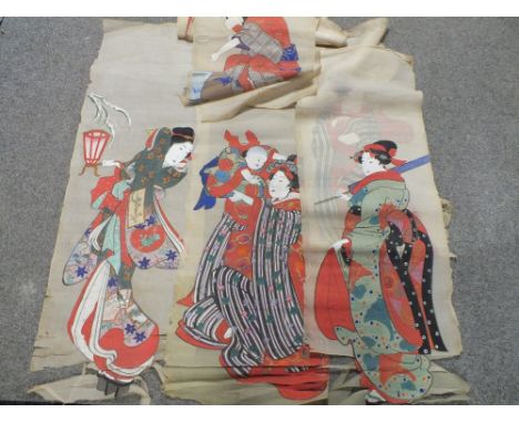 A COLLECTION OF VINTAGE UNFRAMED ORIENTAL FULL LENGTH PORTRAIT PAINTINGS ON SILK
