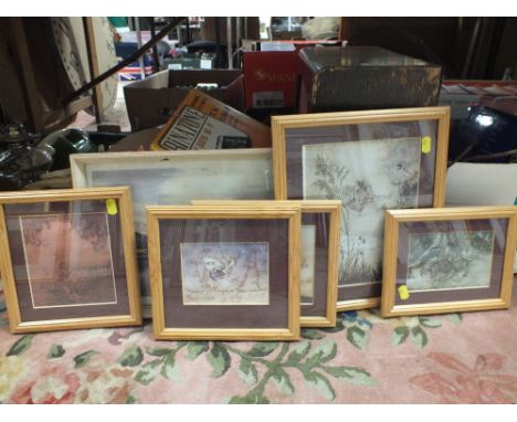FIVE FRAMED AND GLAZED ARTHUR RACKHAM PRINTS PLUS A W. HEATON COOPER PRINT