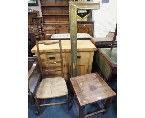 A BRASS FENDER, OAK WICKER SEAT CHAIR AND A COMMODE (3)