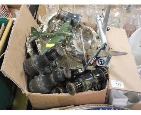 A BOX OF SILVER PLATED METALWARE, VINTAGE BINOCULARS, PLANE MODELS ETC. 