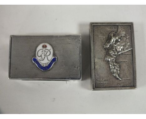 A HALLMARKED SILVER AND ENAMEL MATCHBOX HOLDER TOGETHER WITH ANOTHER