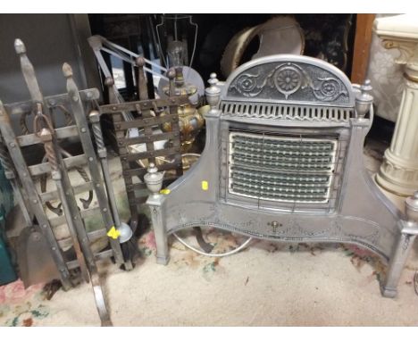 A VINTAGE CHROME EFFECT ELECTRIC FIREPLACE TOGETHER WITH TWO COMPANION SETS AND A BOOT SCRAPER 
