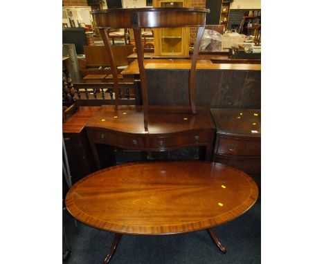 A REPRODUCTION MAHOGANY CONSOLE TABLE, HALF MOON TABLE AND A COFFEE TABLE (3)