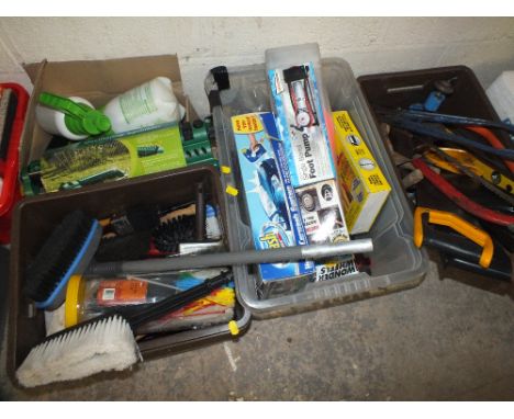 FOUR BOXES OF TOOLS, CAR  ACCESSORIES, GARDEN ITEMS ETC