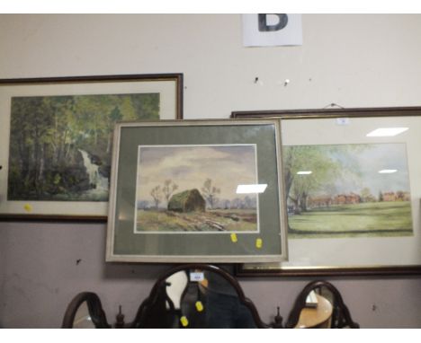 A FRAMED AND GLAZED OIL DEPICTING A WATERFALL SIGNED WYNDER TOGETHER WITH A P R HIPKISS WATERCOLOUR ENTITLED 'NOVEMBER FIELDS