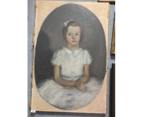A LARGE UNFRAMED OIL ON BOARD OVAL PORTRAIT OF A YOUNG GIRL SIGNED LOWER LEFT