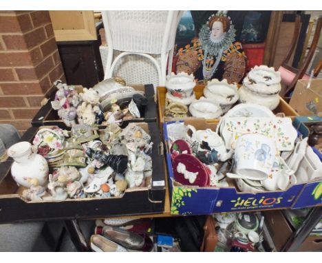 TWO TRAYS OF CERAMIC FIGURES TO INCLUDE LILLIPUT LANE ETC. TOGETHER WITH TWO TRAYS OF ASSORTED CERAMICS AND CHINA TO INCLUDE 