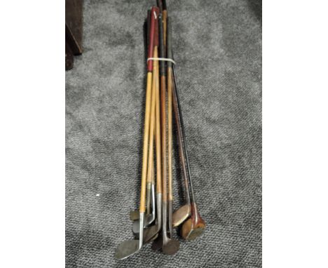 Ten vintage Golf Clubs, hickory or similar shafted, A Milliner Exhibition Model Driver, R Forgan &amp; Son Scotia Driver, Arc