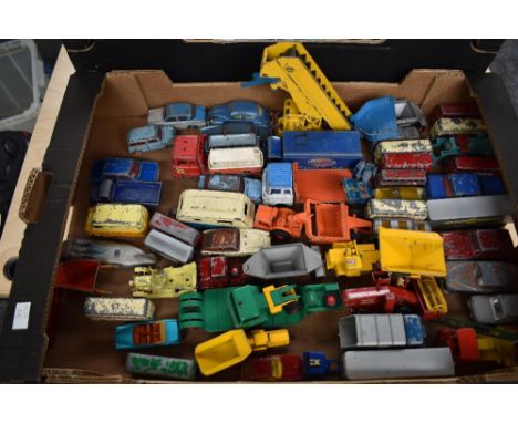 Two boxes of playworn diecasts including Benbros Qualitoy 10RB Sunderland Excavator, Spot-On NSU Prinz 4, Mercedes-Benz 230SL