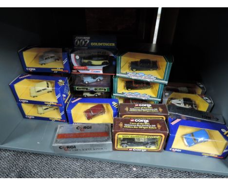 A shelf of modern Corgi diecasts, Cars including Mini's Collectors Classics, Cars of the 50's etc, all boxed (20