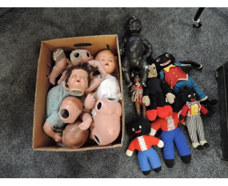 A shelf of mixed vintage Dolls and Teddy Bears including mid 20th century Plastex and similar Black Baby Doll,  composition p