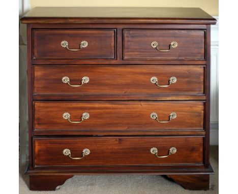A matching pair of heavy mahogany Chests, with moulded tops over two short and three long drawers, on bracket feet. (2)