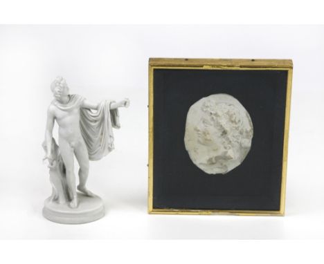 A framed Intaglio, profile portrait of a Roman Head after the antique, 12cms (5") high; and a similar Parian Figure, 20cms (8