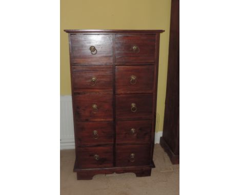 A pair of ten drawer mahogany Tallboy Chests, with brass ring handles, on low bracket feet, 135cms (53") high. (2)