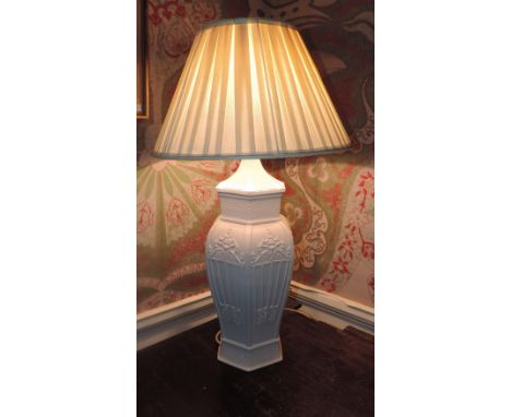 A white porcelain Lamp, in the shape of a Chinese Vase and Cover, 46cms (18") high, with shade, and a white porcelain Corinth